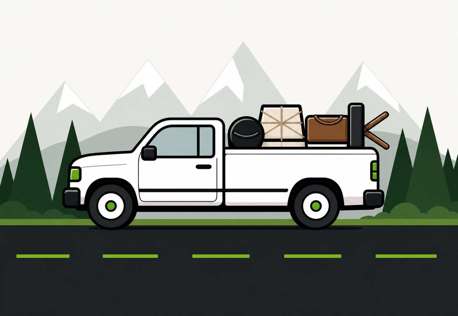 White pickup truck hauling furniture and junk with mountain scenery